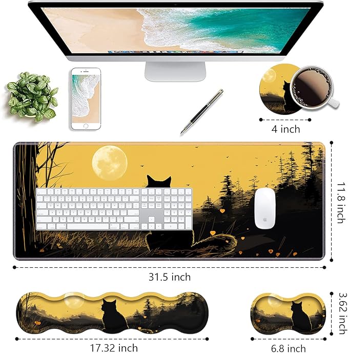 Ergonomic Keyboard Wrist Rest &amp Mouse Pad Wrist Rest Set Large XXL Gaming Desk Mat 31.5x 11.8 with Non-Slip Base Memory Foam Easy Typing Pain Relief for Home &amp Office Black Cat