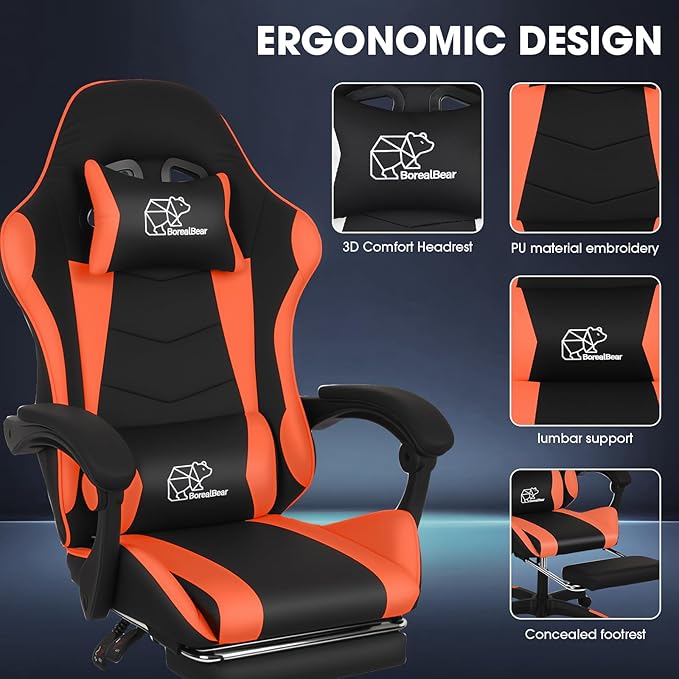 Gaming Chair Office Chair Reclining High-Back PU Leather Computer Desk Chair with Headrest and Lumbar Support suitable for gaming chairs office storage office shelving and more（Orange）