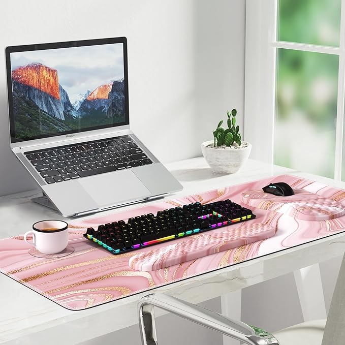 Pink Desk Mat Desk Mat for Mouse Computer Mats Rose Gold Mouse Pad and Keyboard Wrist Rest Memory Foam Wrist Rest for Mouse (Rose Gold Pink)