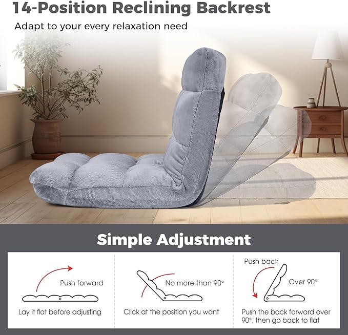 COSTWAY Floor Chair Video Gaming Chairs with Back Support Adjustable 14-Position Alloy Steel Frame Lazy Sofa Lounge Recliner for Adults Kids (Silver Grey)