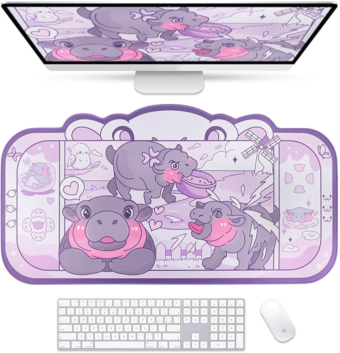BelugaDesign Baby Hippo Desk Mat | Kawaii Cute Anime Pygmy Zoo Animal | Cartoon Keyboard PC Laptop Pastel Large Gaming Setup Accessories Mouse Pad | Machine Washable Blotter Protector Purple Gray