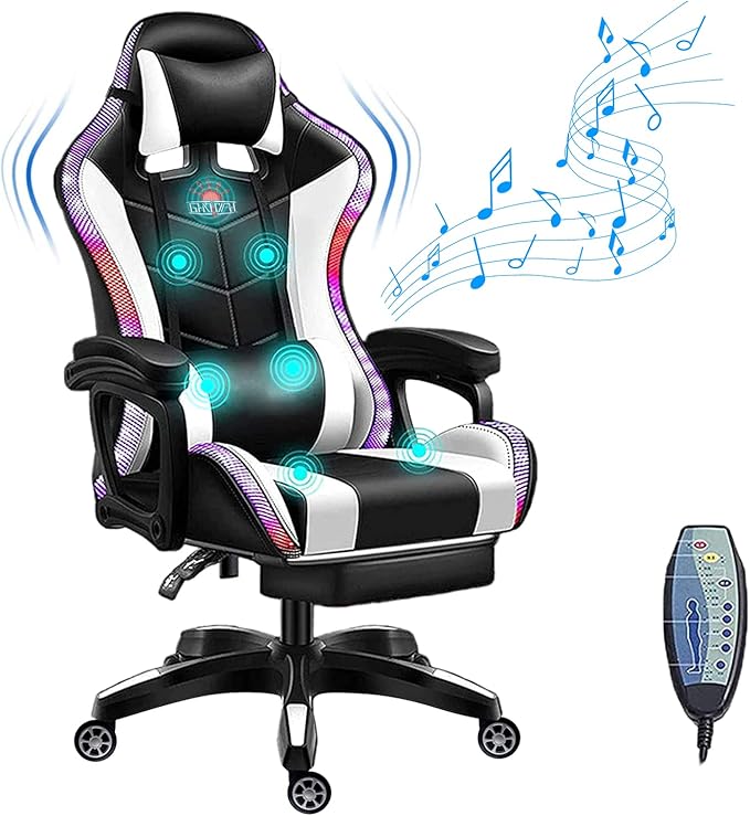 XOOFMASS Massage Gaming Chair with RGB LED Lights and Speakers Video Game Chair Swivel Reclining Racing Office Chair with Headrest &amp Lumbar Support PU Leather High Back Computer ChairWhite