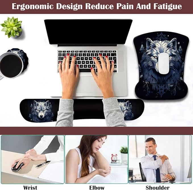 Keyboard Wrist Rest and Mouse Pad Wrist Support with Lace-Shaped Coaster Set Ergonomic Gel Memory Foam and Anti-Slip Base Easy Typing and Pain Relief - Night Moon Wolf