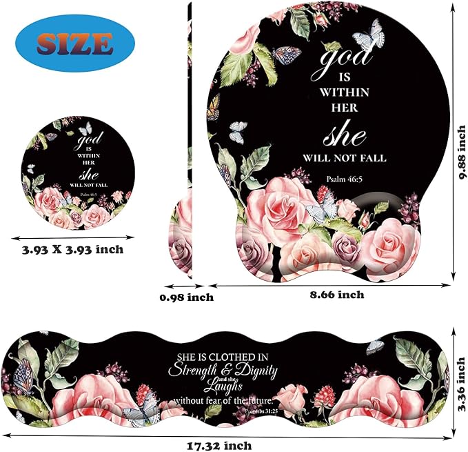 3 in 1 Keyboard Wrist Rest + Mouse Pad and Coaster Ergonomic Gel Mouse Pad and Keyboard Pad Set Comfortable Lightweight for Easy Typing Pain Relie Floral Quote Bible Verse Psalm 46:5