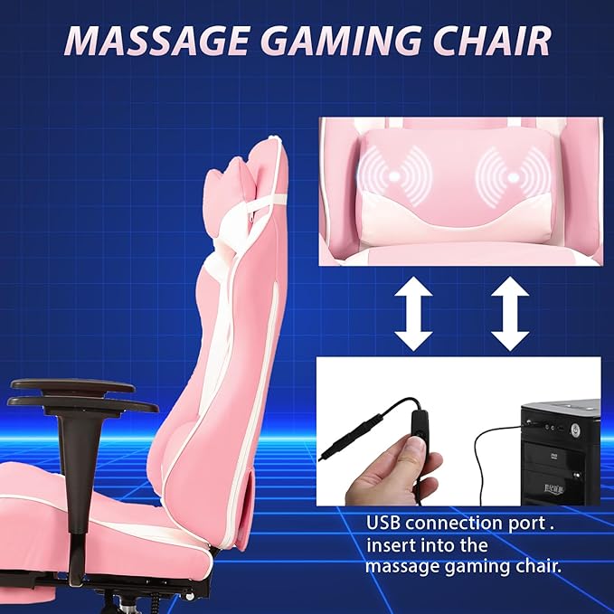 PayLessHere Racing Gaming Chair Office Massage Chair Ergonomic Recliner with Computer Desk PU Leather Lumbar Support Footrest Rolling Swivel and Task Function Ultimate Comfort for Adults (Pink)