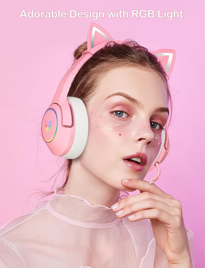 Cat Ear Gaming Cute Headset Wired Over-Ear Headphones with Retractable Microphone Surround Sound LED Backlight for PS4 PS5 PC Mobile Phone (Light Pink)