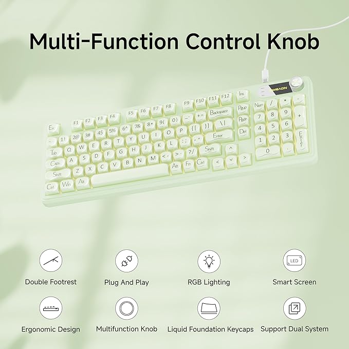 V102 Wired Keyboard 98 Keys Creamy Gaming Keyboard with Display Screen Media Knob RGB Silent Wired Cute Computer Keyboard for Laptop PC Gamer - Green
