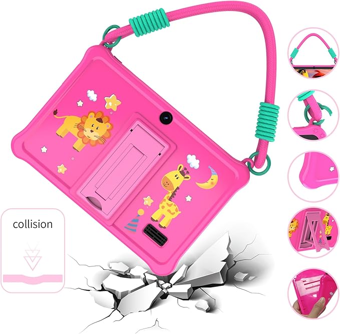 PRITOM Lanyard Kids Tablet 7 inch 32GB Toddler Tablet Android 13 with WiFi Dual Camera Education Games Kids Software Pre-Installed Parental Control Pink