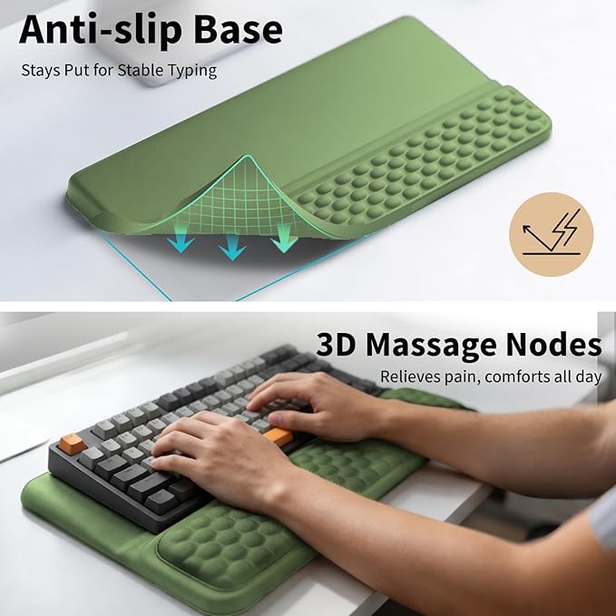 Wrist Rest with Keyboard Stand Computer Wrist Support Pad Ergonomic Keyboard Riser Hand Rest Soft Memory Foam Cushion Holder Gaming Typing Desk Accessories for Office Home School（Green）
