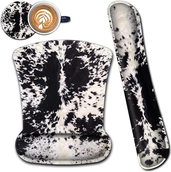 Ergonomic Mouse Pad Wrist Support and Memory Foam Keyboard Wrist Rest SetGel Mouse Mat with Non-Slip PU BaseKeyboard Palm Rest for Home Office Wireless Gaming Mouse Pad Black White Cowhide Fur