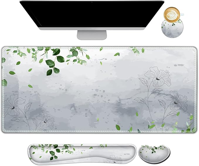 ARTSO Gaming Mouse Pad Wrist Support Set XXL Large Desk Mat Mousepad + Keyboard Wrist Support+ Mouse Wrist Rest+Coaster 4in1 Ergonomic Memory Foam -Green Leaves and Line Flower