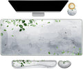 ARTSO Gaming Mouse Pad Wrist Support Set XXL Large Desk Mat Mousepad + Keyboard Wrist Support+ Mouse Wrist Rest+Coaster 4in1 Ergonomic Memory Foam -Green Leaves and Line Flower