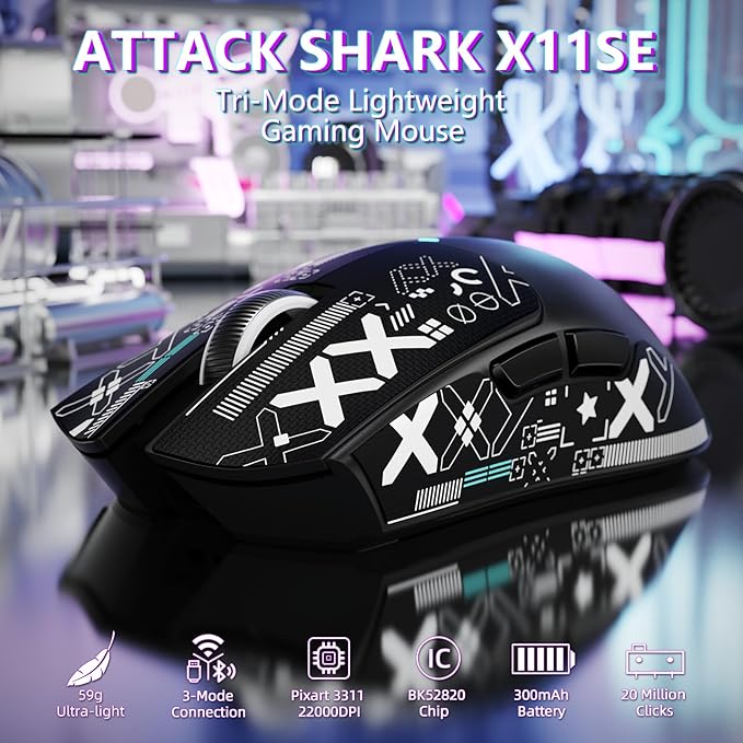 MAMBASNAKE Attack Shark X11SE Lightweight Wireless Gaming Mouse Tri-Mode 2.4G/USB-C Wired/BT 22K DPI PAW3311 Optical Sensor 59g 5 Programmable Buttons 300mAh Battery for PC/Mac(Black-Griptape)