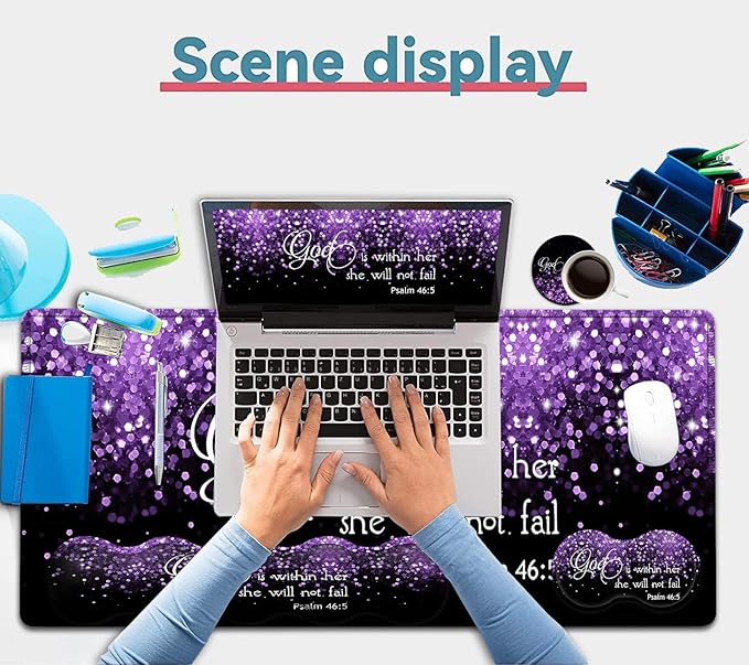 Black Gaming Mouse Pad Extended Large Mouse Pads Ergonomic Memory Foam Keyboard Wrist Rest Support &amp Non-Slip Mouse Wrist Rest for Laptop Desk Writing Pad Purple Glitter Psalm 46:5 Office Desk M
