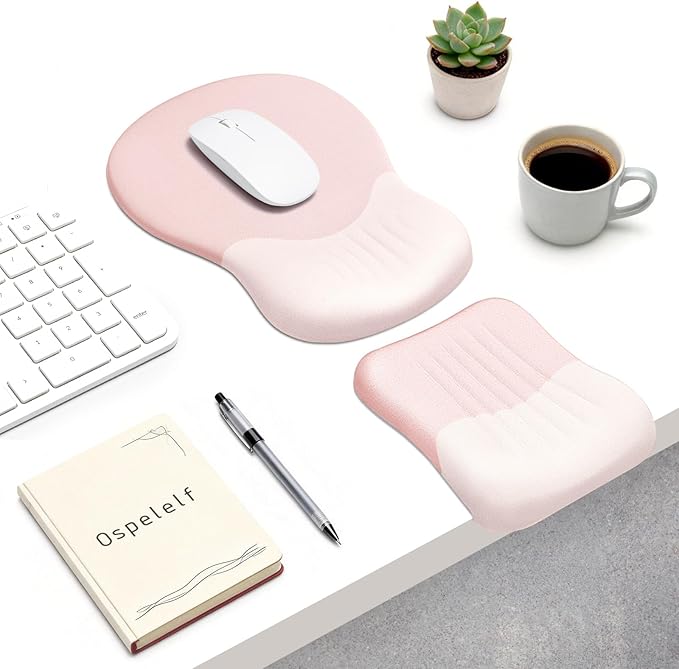 Ospelelf Mouse Pad with Wrist Rest Set Foam L-Shaped Desk Elbow Pad Ergonomic Desk Edge Cushion Anti-Slip Rubber Bottom Office Women Desk Accessories for Computer Laptop and Gaming Pink