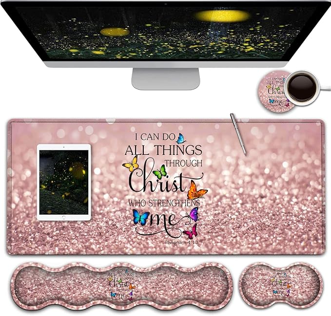 Large Gaming Mouse PadExtended Office Desk MatWaterproof Desk Writing Pad for Home Ergonomic Mouse &ampKeyboard Wrist RestPhilippians 4:13 Bible Glitter Laptop Desk Pad Pink Mousepad Wrist Support