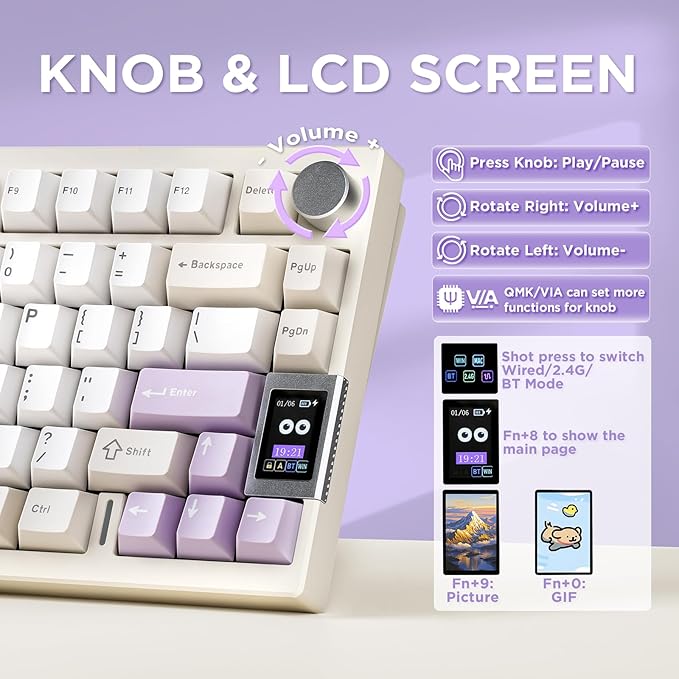 YUNZII AL80 Wireless Mechanical KeyboardFull Aluminum CNC Smart LCD DisplayHot Swappable Gasket Mount 75% Layout with KnobBT/2.4G/USB-CQMK/VIA Support for Win/Mac (Beige Gateron Zero Switch)