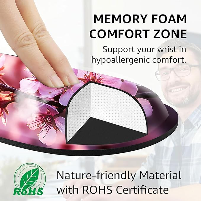 Large Keyboard Mouse Pad Set Extended Mouse Pad+Keyboard Wrist Rest Support Memory Foam Ergonomic Easy Typing 4Pcs (31.5×11.8 in) Desk Pad Set for Office HomeCherry Blossom Floral