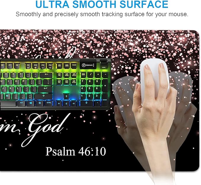 Large Black Mouse Pad Gaming Mouse Pad Memory Foam Keyboard Wrist Rest Office Desk Pad with Stitched Edges Laptop Desk Table ProtectorPsalm 46:10 Rose Gold Glitter Writing Mat Extended Desk Mat