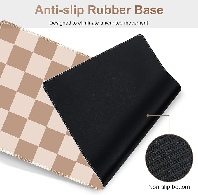 Beige Khaki Checkered Mouse Pad Set 4 in1 Large Gaming Ergonomics Keyboard Desk Mat with Memory Foam Wrist Rest Extended Game Mousepad Non-Slip Desk Pad Matt Easy Typing Pain Relief