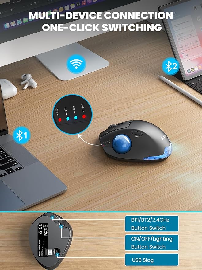 MAM1 Pro Wireless Trackball Mouse Ergonomic Bluetooth Rechargeable Computer Mouse Backlit Rollerball Thumb mice with 5 Level DPI Adjustable Angle 3 Devices Connection for PC Windows - Blue Ball