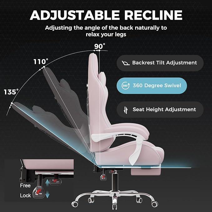 GTPLAYER Gaming Chair with Footrest Computer Chair with and Lumbar Support Height Adjustable Game Chair with 360°-Swivel Seat and Headrest and for Office or Gaming (Pink-Fabric)