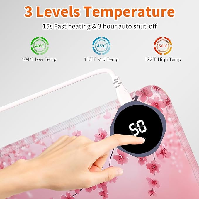 Heated Mouse PadWarm Desk Pad with 3 Levels Heating &amp 3 Hours Auto Shut-Off PU Leather Heated Desk Pad Warmer Pad for Home Office - 31.5 x 13 inchCherry Blossoms