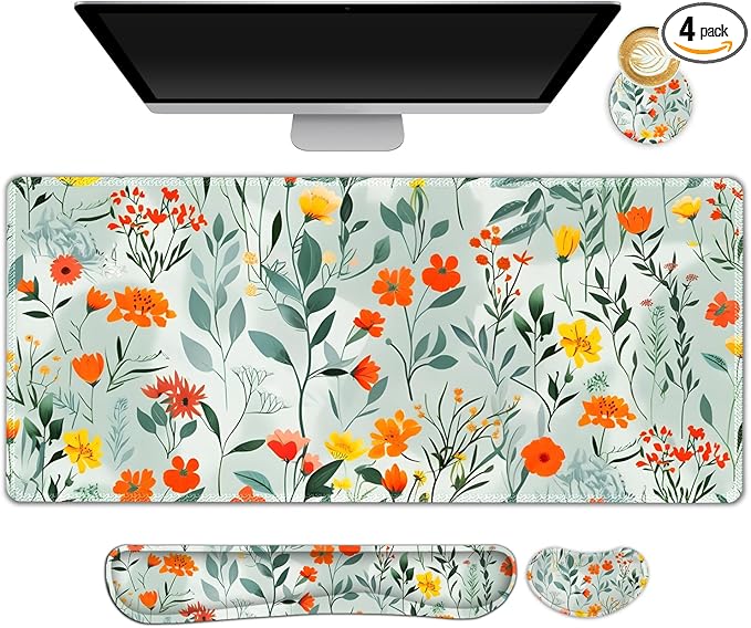 Large Gaming Mouse Pad Set 4 in 1 Ergonomics Keyboard Desk Mat Memory Foam Wrist Rest Computer PC Extended Game Mousepad Non-Slip Desk Matt Easy Typing Pain Relief I Blooming Orange Florals