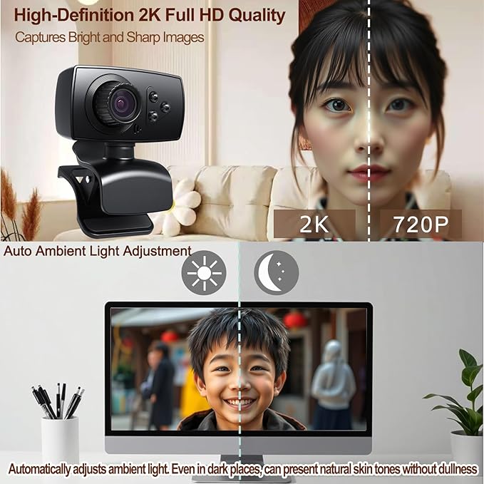 2K Full HD Webcam with Noise-Canceling Microphone Auto Light Correction &amp 110° Wide AnglePlug &amp Play USB Camera for PC/Laptop/Mac/Zoom/Skype/Teams/Online Meetings