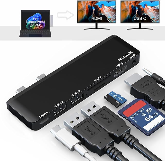Surface Pro 12 Docking Station USB Hub and Adapter with 4K HDMI USB-C Thunderbolt 4 (Display+Data+100W PD) 2 USB 3.0 3.5mm Audio SD/TF Card Slot for Surface Pro 12 inch 2025