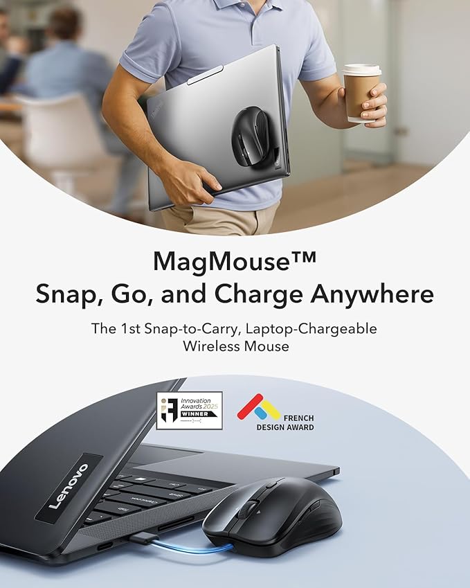 ESR MagMouse Snap-to-Carry Bluetooth Mouse Rechargeable Wireless Mouse for Laptop with Built-in Charging Cable Reusable Adhesive Holder BT 5.0 + 2.4 GHz Connectivity Silent Ergonomic Black