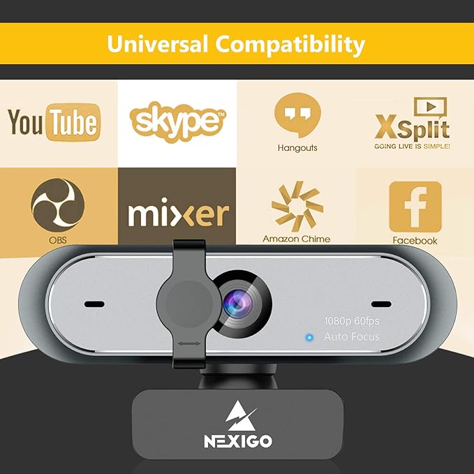 NexiGo N660P 1080P 60FPS Webcam with Software Control Dual Microphone &amp Cover Autofocus HD USB Computer Web Camera for OBS/Gaming/Zoom/Skype/FaceTime/Teams/Twitch (Renewed)