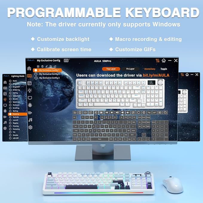 AULA S98 Pro Wireless Mechanical KeyboardSmart Screen &amp KnobTri-Mode BT5.0/USB-C/2.4GHz Creamy KeyboardPre-lubed Linear SwitchesHot Swappable RGB Backlit Computer Gaming Keyboards