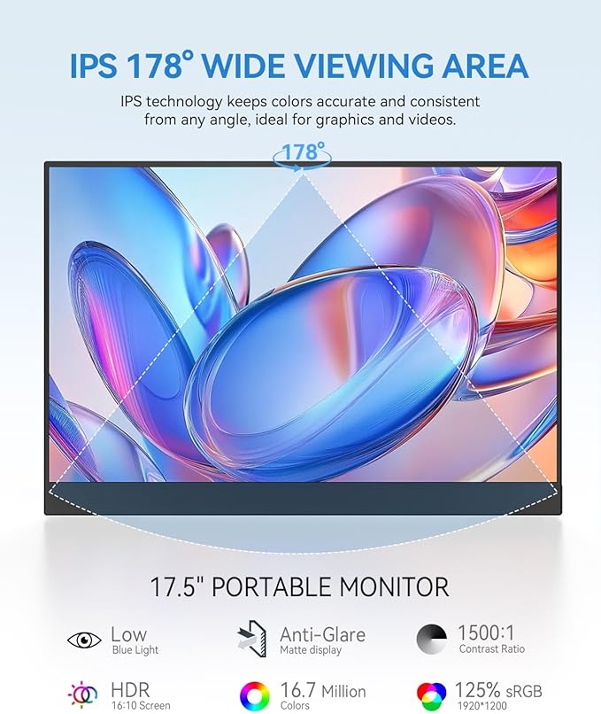 UPERFECT 17.5 Portable Monitor 1920×1200 FHD 16:10 IPS 125% sRGB 400 nits USB-C &amp HDMI Laptop Extender with 180° Adjustable Stand Travel Second Screen for MacBook PC Phone &amp Gaming