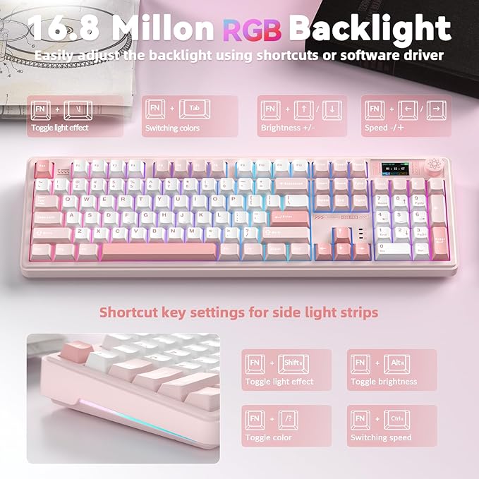 LINGBAO K108 Pro Wireless Mechanical Keyboard with Screen &amp Knob Full Size Creamy Keyboard with Number Pad 10000mAh Battery PBT Keycaps RGB Backlit Hot-swappable Pink Gaming Keyboard for PC/M