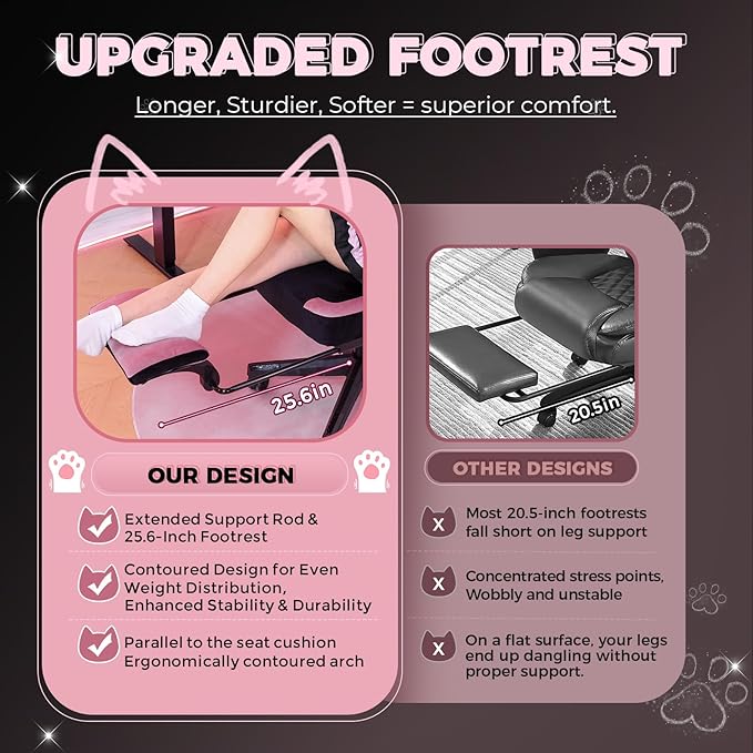 Pink Gaming Chair Cute with Cat Ears Ergonomic Computer Chair with Cat Embroidery Adjustable Memory Foam Lumbar Support and Headrest Comfortable Reclining Office Chair for Girls Teens Women