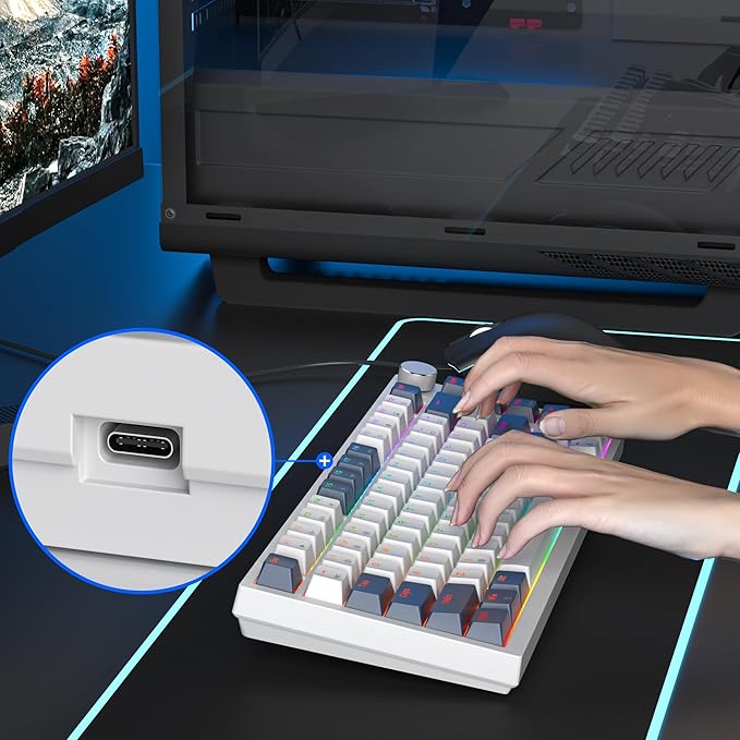 Owpkeenthy Wired 75% Mechanical Gaming Keyboard 82 Key Gasket Mechanical Keyboard with Volume Knob Hot Swappable Linear Red Switch RGB Backlit for PC Laptop (White Earth)