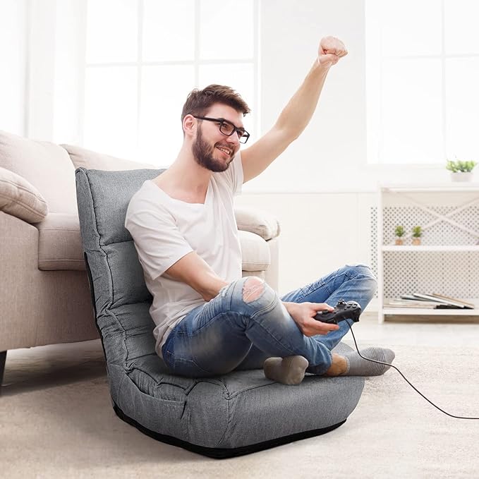 MAT EXPERT Folding Floor Chair Floor Gaming Chair w/ 4-Position Backrest 5-Position Adjustable Headrest Side Pocket Indoor Floor Chair w/Back Support for Bedroom Living Room (Grey)