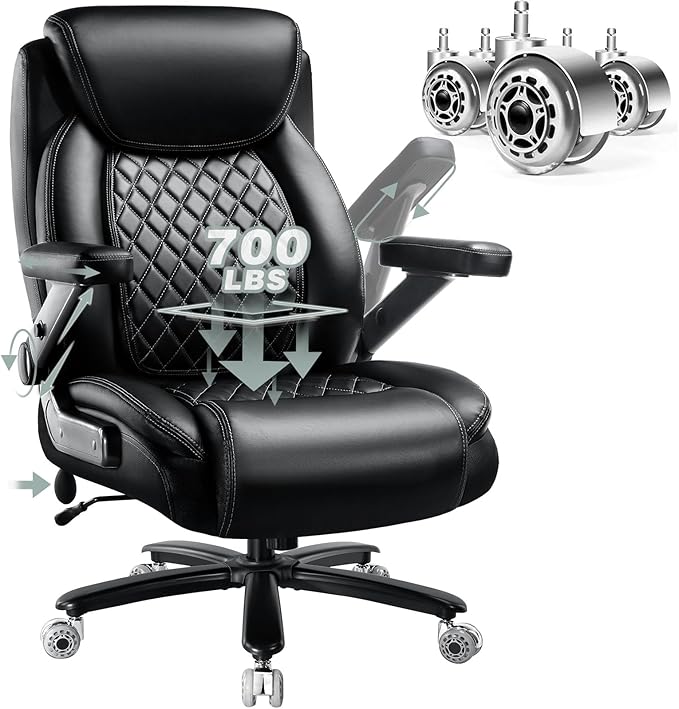 700LBS Large Heavy Duty Office Chair with 5D Flip Arms Comfy Big and Tall Executive Office Desk Chair with Pocket Spring Cushion High Back Computer Chair with Lumbar SupportDual Rubber Wheel