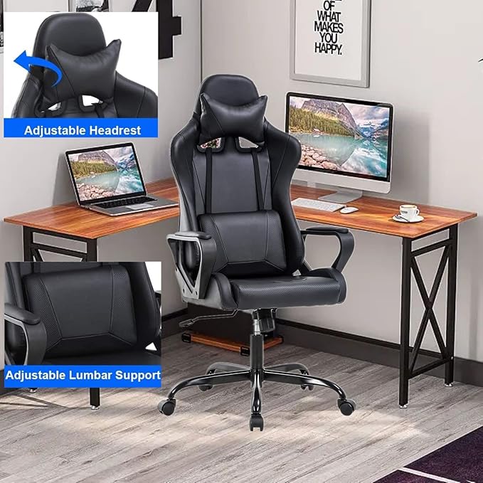 Gaming Chair Office Chair Computer Racing Chair Ergonomic Video Game Chairs for Adult Kids Teen Height Adjustable Reclining Chair with Lumbar Support Armrest Headrest Swivel Chair Black