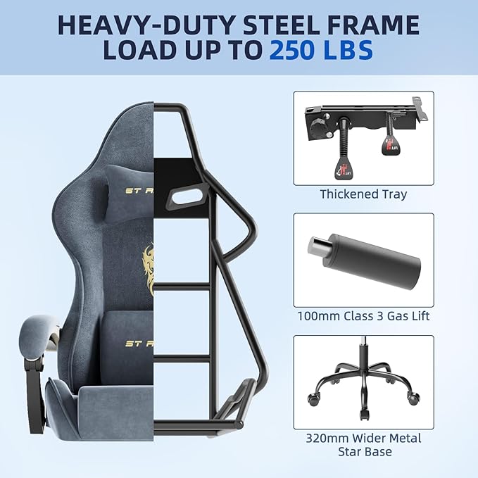 Ferghana Velvet Fabric Gaming Chair High Back Ergonomic Gamer Chair for Adult Comfortable Video Game Chair with Footrest and Massage Lumbar Cushion Racing Reclining Office Computer Desk Chair Grey