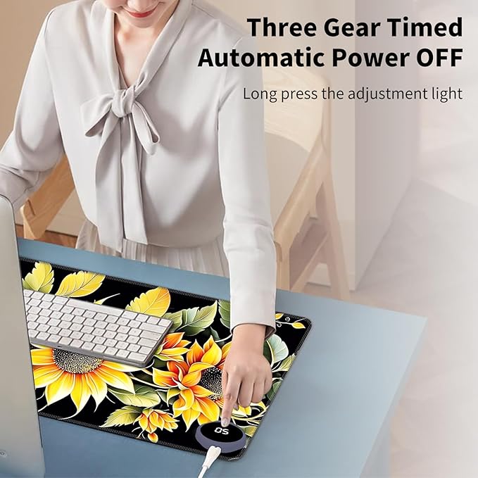 Warm Desk Pad Warm Mouse Pad Gaming Office Desk Matwith 3 Levels Heated &amp 3 Hours Auto Shut - 31.5 x 13 inch PU Leather Laptop Keyboard Mat for Home Office Hand WarmerBeautiful Sunflower -91