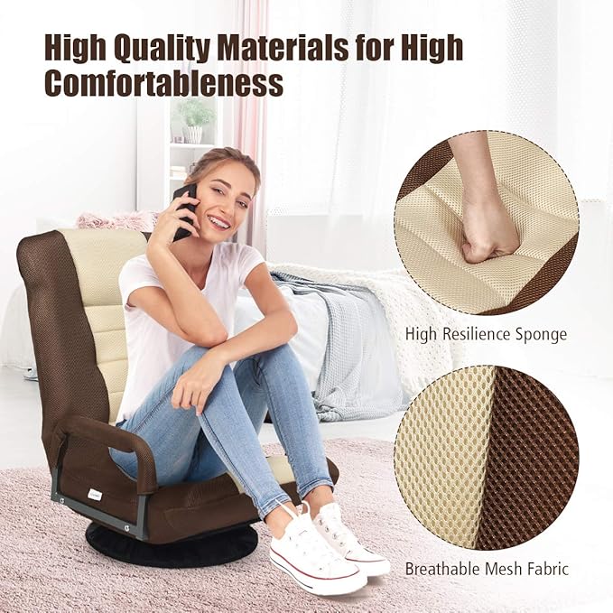 S AFSTAR Floor Gaming Chair Swivel Foldable Chair with Armrest &amp 6-Position Adjustable Backrest Folding Rocker for TV Reading &amp Home Office (Brown)