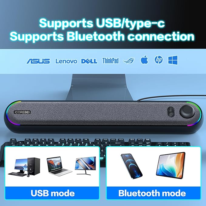 Desktop Computer Speakers Stereo Soundbar Bluetooth 5.3 USB/Type-C Power and Audio Transmission Plug-and-Play Compatible with PC Mac Laptops Monitors RGB Lighting Wired Gaming Speakers