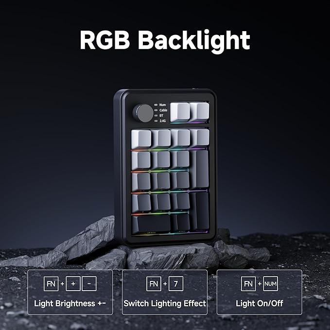 EWEADN NK20 Wireless Retro Mechanical Numpad with Knob Bluetooth/2.4GHz/USB-C Connect with RGB Backlight Hot Swappable Number Pad 20-Key Rechargeable External Num Pad for Win Mac Black Gray
