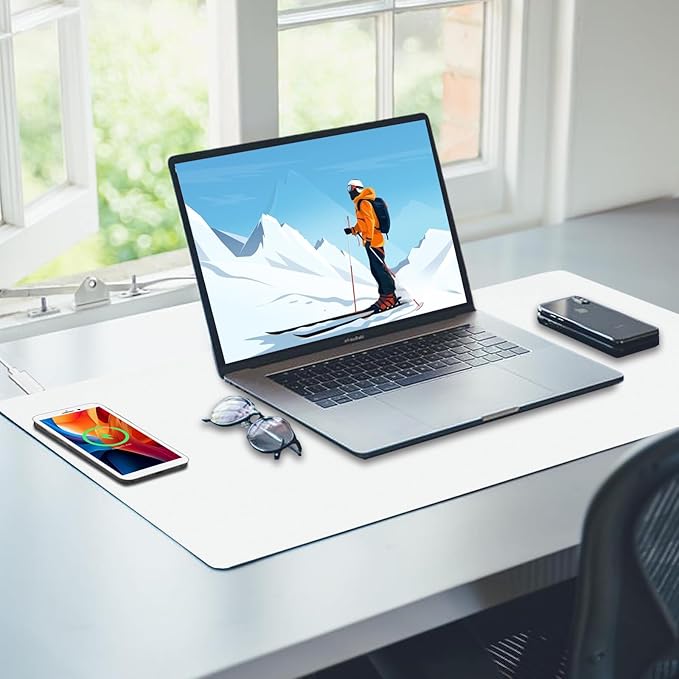 Desk Mat with Wireless Charging White Mouse Pad with Wireless Charger Desk Pad Matt for Desktop Mousepad Gaming Large Mouse Pad Leather Compute for Keyboard and Mouse 32 x 16