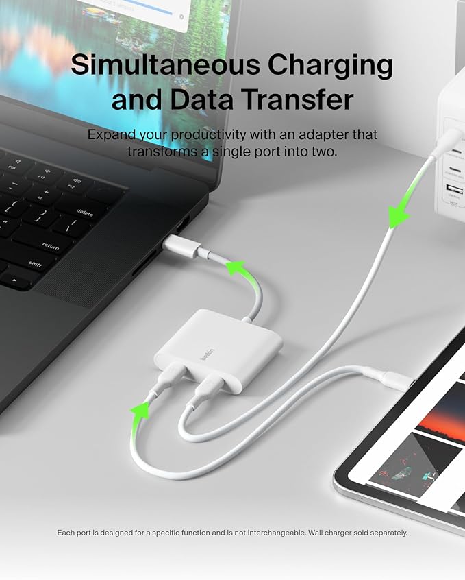 Belkin USB C Splitter - Dual Port Hub - 1 x USB-C 3.2 Gen2 Port &amp 1 x 100W PD Port - Simultaneous Data Transfer &amp iPhone Charger Fast Charging - Apple iPhone 17 iPad Nintendo Switch 2 &amp