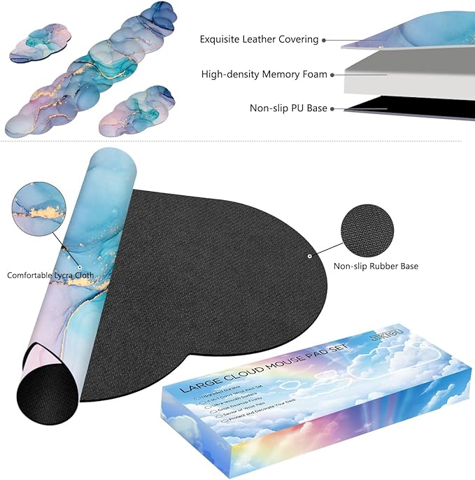 JIKIOU Large Cloud Mouse Pad Waterproof with Cloud Keyboard Wrist Pad and Cloud Mouse Wrist Pad Set Ergonomic Computer Desk Wrist Support Mousepad for Keyboard and Mouse 35.4x15.7in Marble Blue