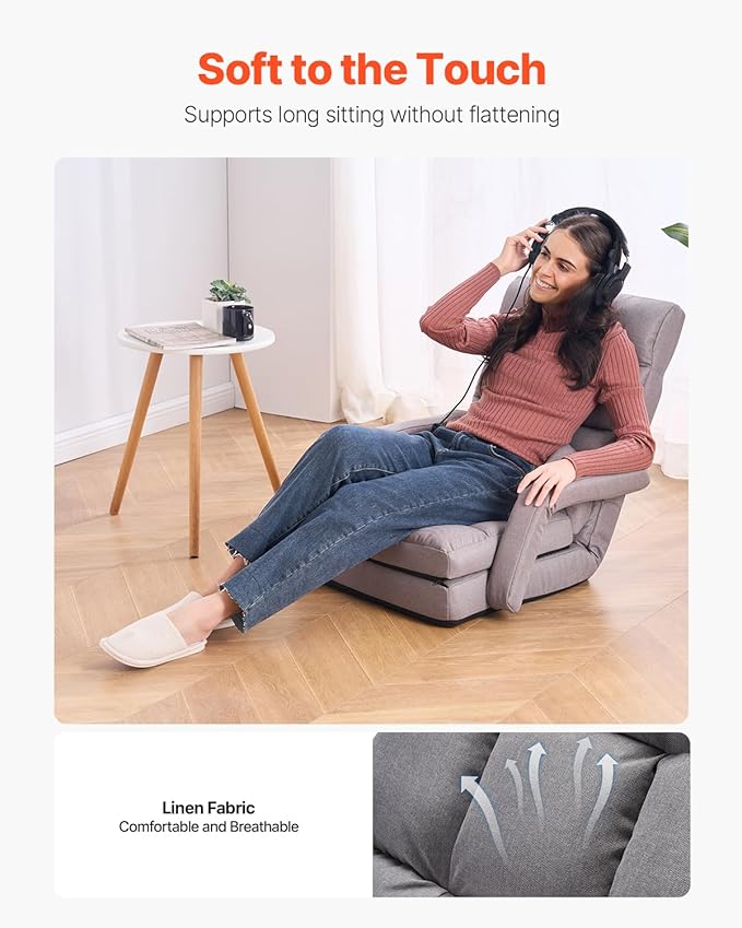 VEVOR Floor Chair Floor Gaming Chair with 5 Adjustable Position and Back Support Folding Sofa Chair with Armrest for Adults Sofa Lounger Bed with Back Cushion for Living Room and Bedroom Gray