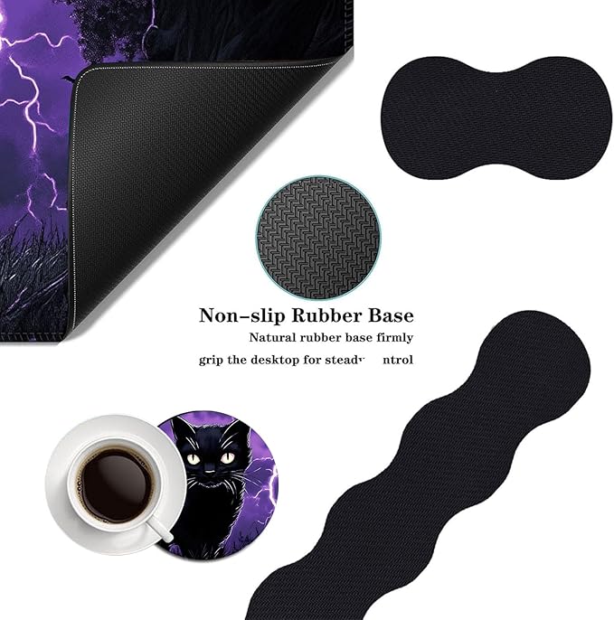 Mouse PadLarge Desk Mat Set 4in1 XL Mousepad + Keyboard Wrist Rest+Mouse Wrist Rest+Coaster with Ergonomic Desk Pad for Home Office Table Computer Cover -Cat in Purple Lightning Storm